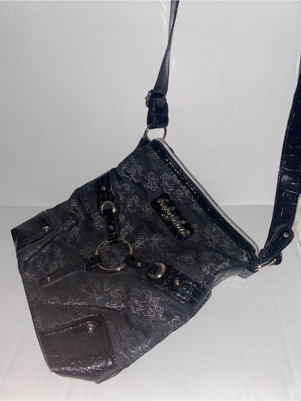 Baby Phat VTG Y2K BLACK Shoulder Bag Purse, Snakeskin Print, Metallic, Studs